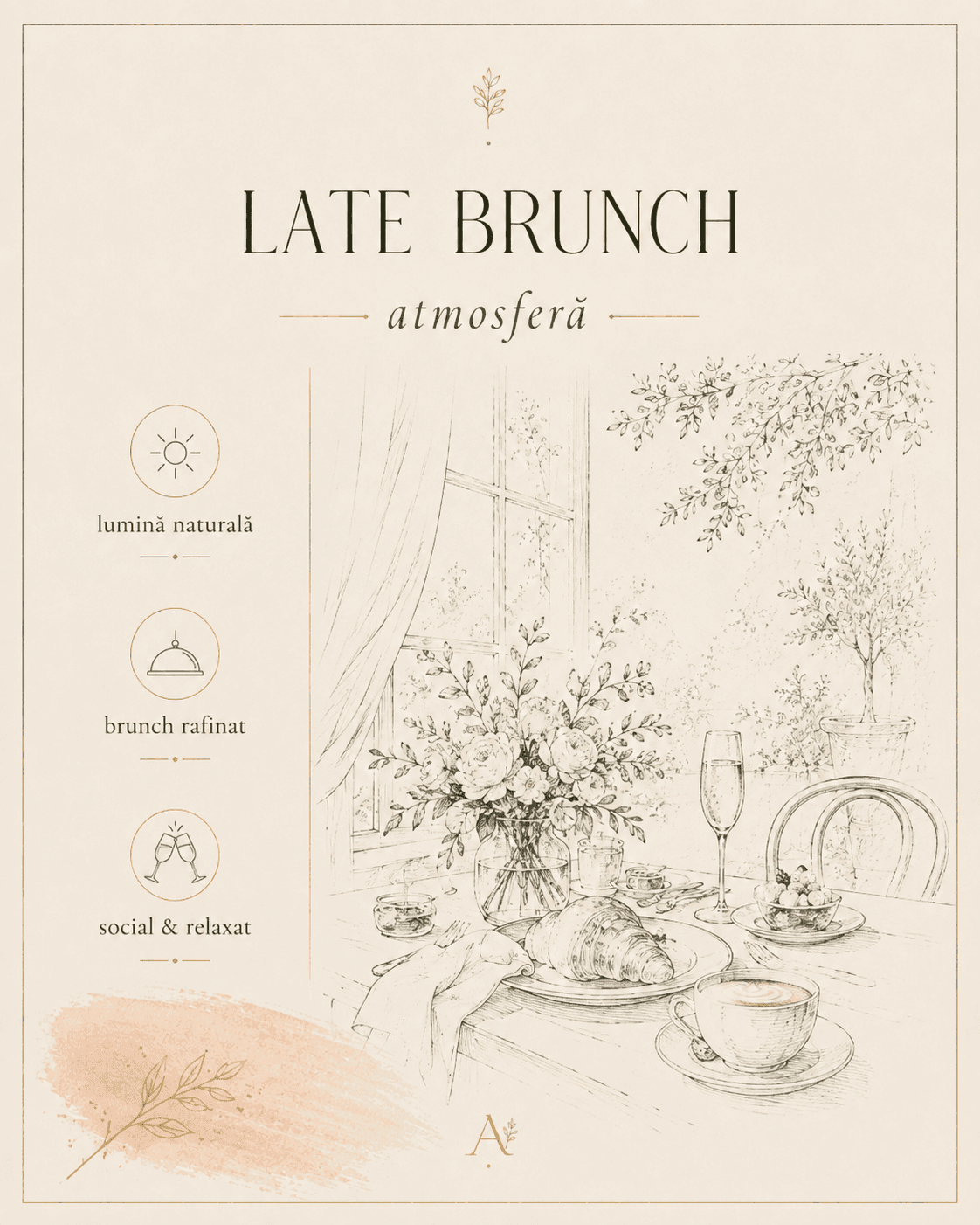 Late Brunch — planșa de atmosferă: masă lângă fereastră, în lumina de dimineață târzie